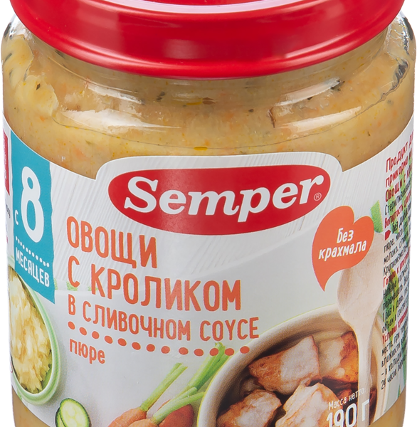 Пюре мясо-овощное SEMPER Овощи с кроликом в сливочном соусе, с 8 месяцев
