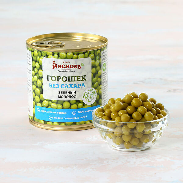 Горошек зеленый молодой без сахара консервированный в/с ж/б МясновЪ Буфет