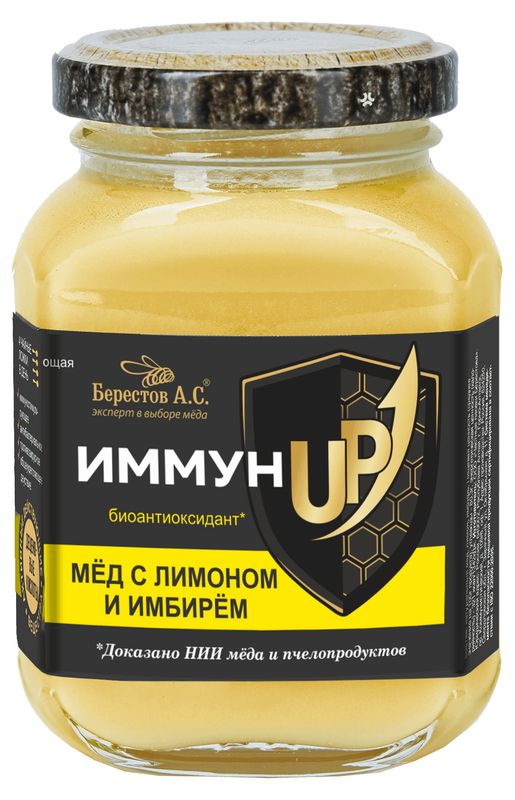 

Мед Берестов А.С. ИммунUP натуральный цветочный с лимоном, имбирем и кедровой живицей 200 г