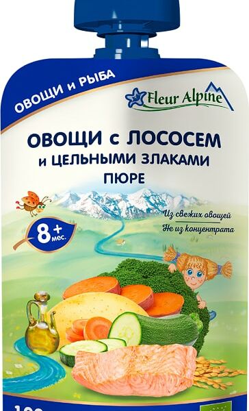 Пюре Fleur Alpine Овощи с лососем и цельными злаками с 8 месяцев 100г