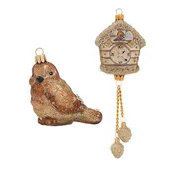 

Набор игрушек для ёлки из коллекции «Праздник»: часы с кукушкой и птица, Irena, 2 шт., стекло, цвет: золотой, Литва