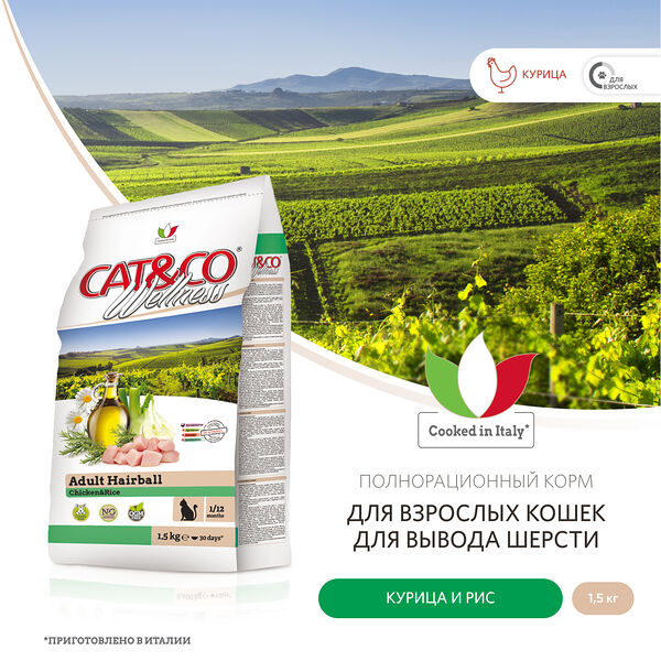 Корм для взрослых кошек для вывода шерсти Wellness Cat&Co Adult Hairball Курица и рис