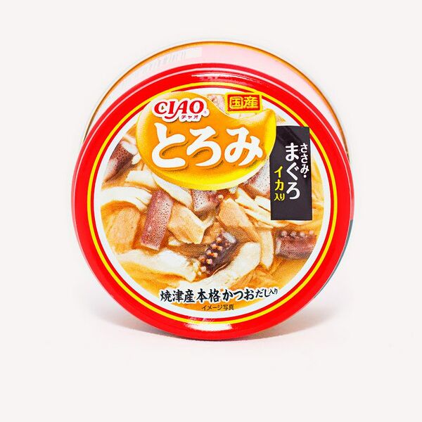 Корм для кошек INABA Тороми в бульоне филе курицы, тунец, кальмар банка 80г (упаковка - 24 шт)