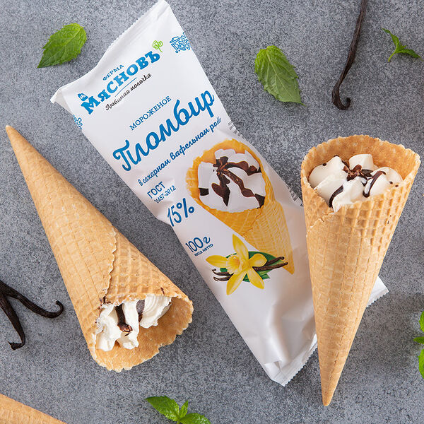 Мороженое пломбир 15% в сахарном рожке ГОСТ МясновЪ Ферма