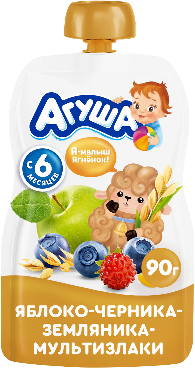 

Фруктовое пюре Агуша Яблоко-Черника-Земляника-Мультизлаки с 6 месяцев