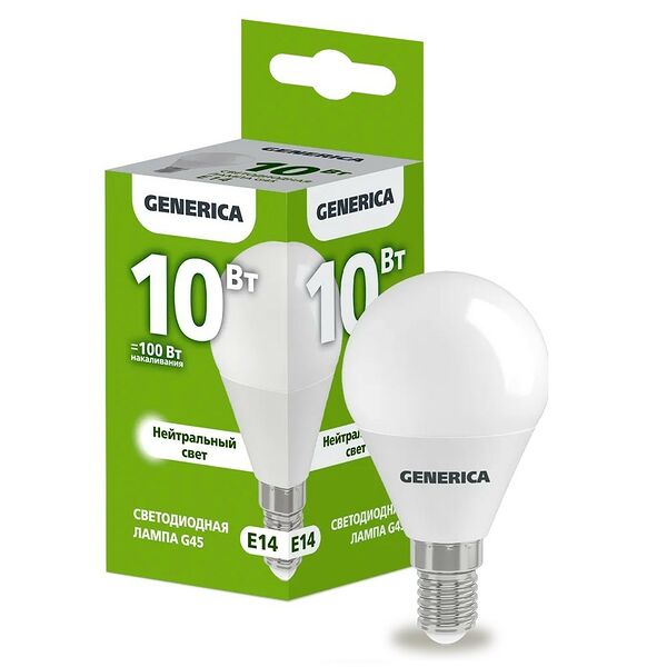 Лампа светодиодная IEK Generica, G45, E14, 10 Вт, 230 В, 4000К, шар