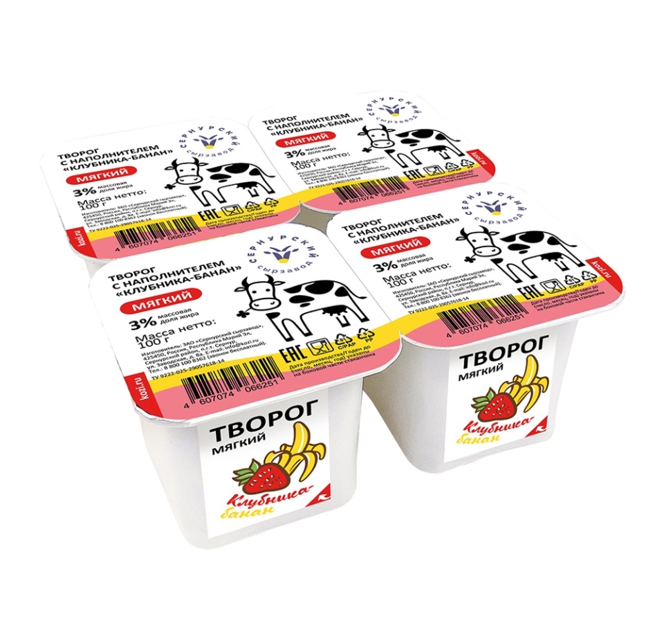 

Творог из коровьего молока Сернурский сырзавод Клубника-банан 3% 1 шт. 100 г