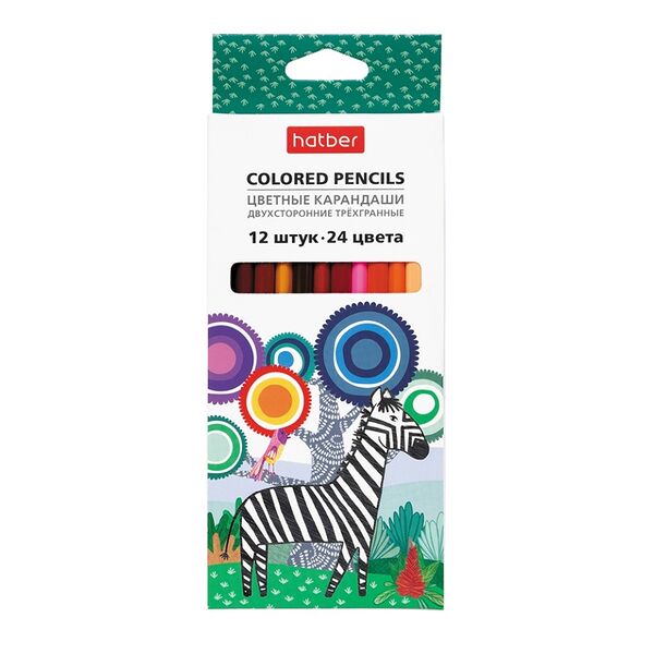 Карандаши цветные двухсторонние трёхгранные 24 цвета, Hatber, 12 шт