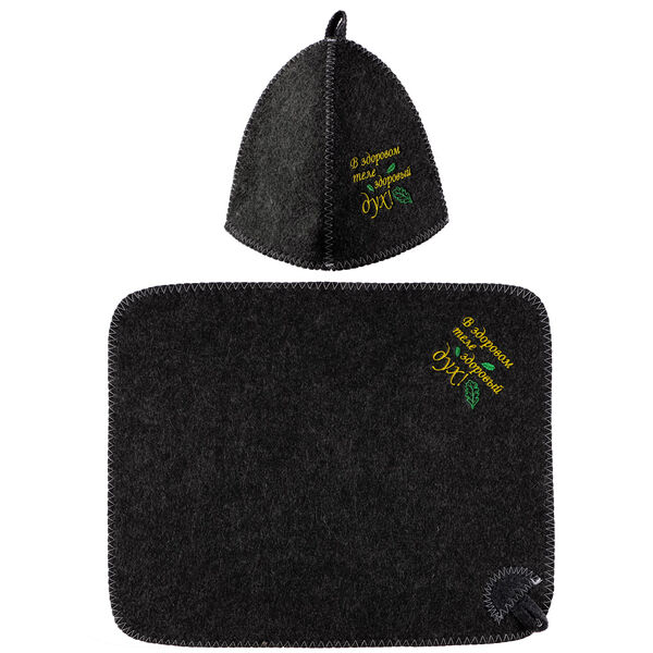 Набор банный 2 пр с вышивкой (коврик, шапка) евро в упаковке, 30% шерсть, 70% полиэфир, белый/серый