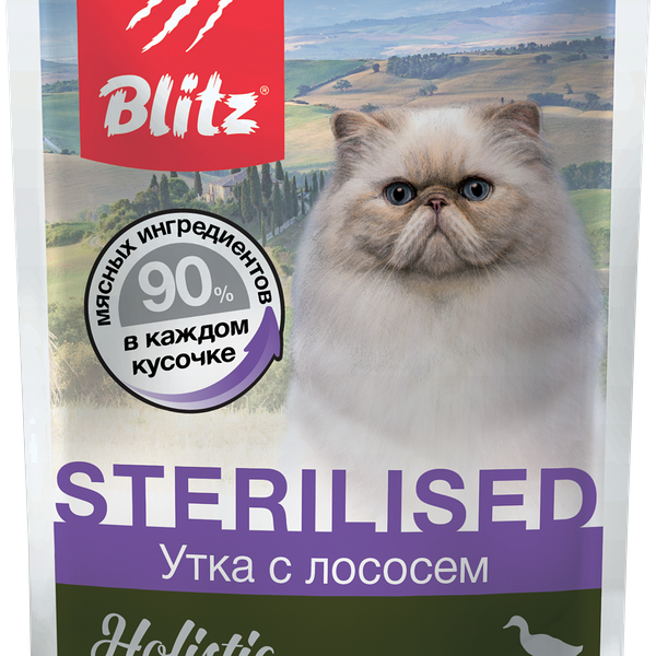 Корм консервированный для кошек BLITZ Holistic Утка с лососем кусочки в соусе, 85г