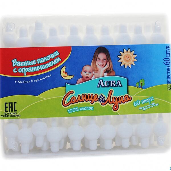 Ватные палочки Aura с ограничителем, 60 шт