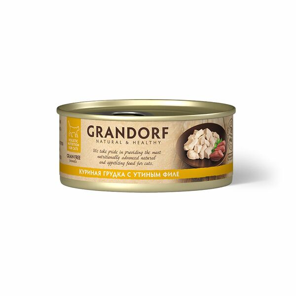 Консервированный корм для кошек Grandorf Grain Free куриная грудка и утиное филе, 70г