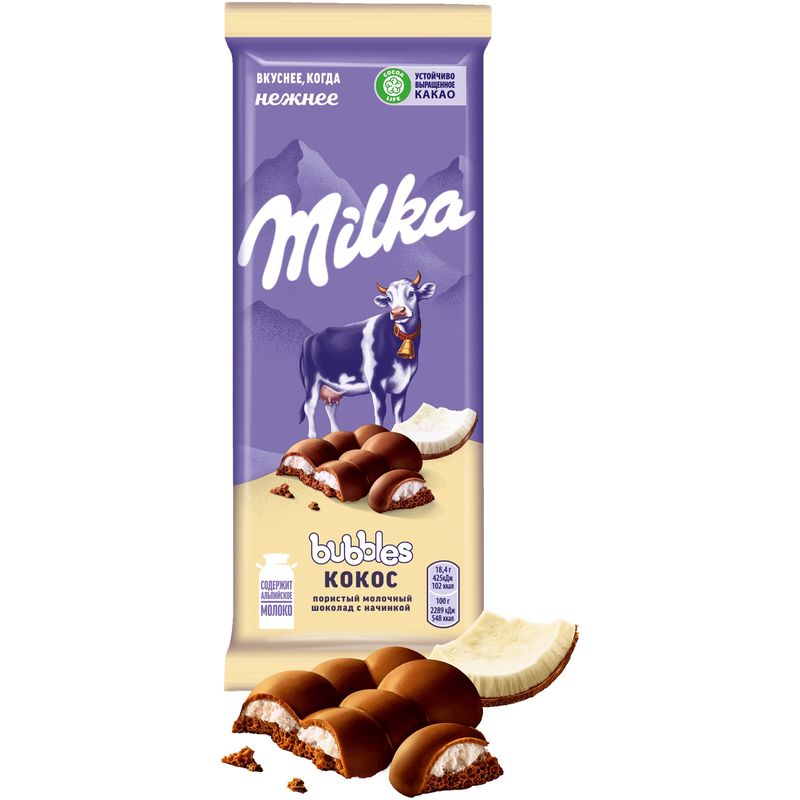 

Шоколад Milka Bubbles молочный пористый с кокосовой начинкой 92 г