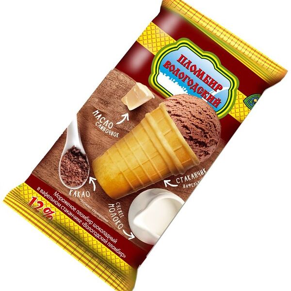 Мороженое Вологодский Пломбир шоколадный стаканчик 12%, 100г