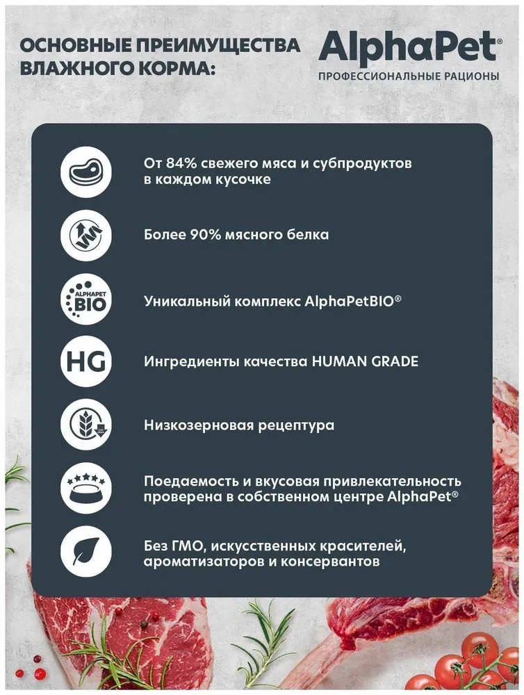 

Влажный корм AlphaPet Superpremium для кошек с чувствительным пищеварением Ягненок и брусника мясные кусочки в соусе 80 г