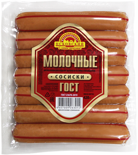 

Сосиски МК ПСКОВСКИЙ Молочные 1-й сорт, 420г