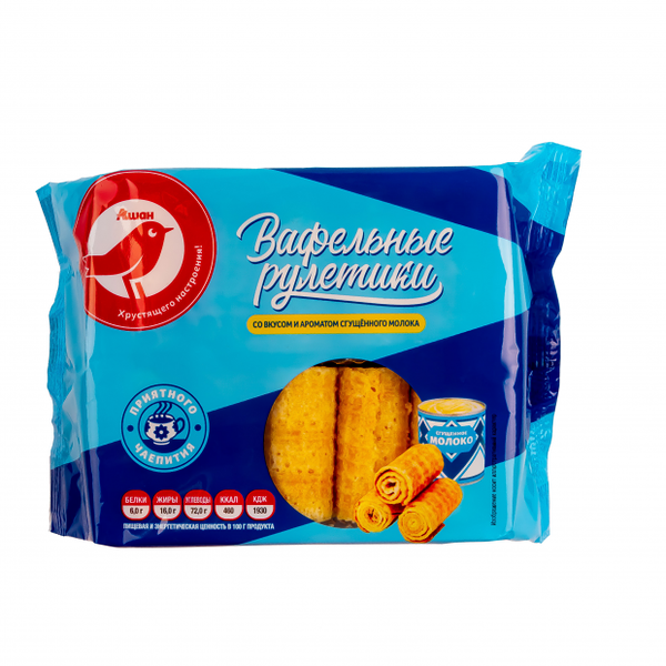 Рулетики АШАН Красная птица вафельные с ароматом сгущенного молока