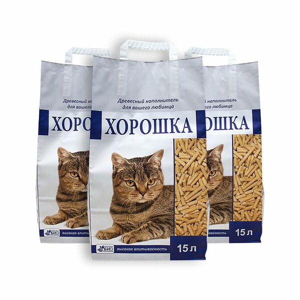 Наполнитель для кошачьего туалета ХОРОШКА древесный (3 упаковки по 15 л)