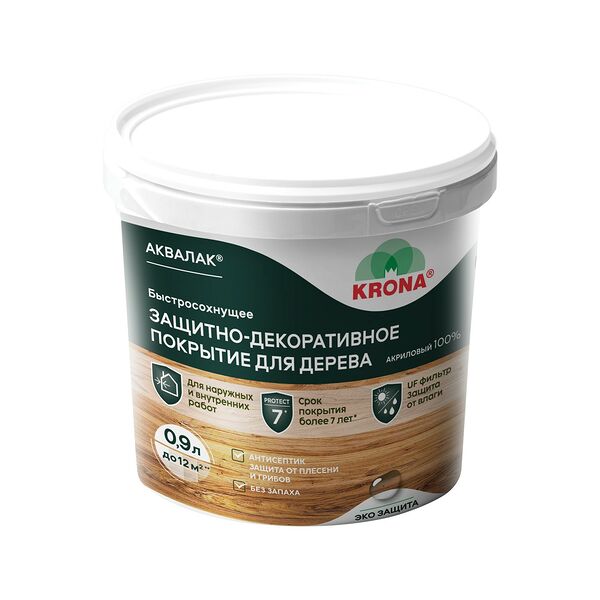 Лак акриловый защитно-декоративный Krona Аквалак, белый, 0,9 л
