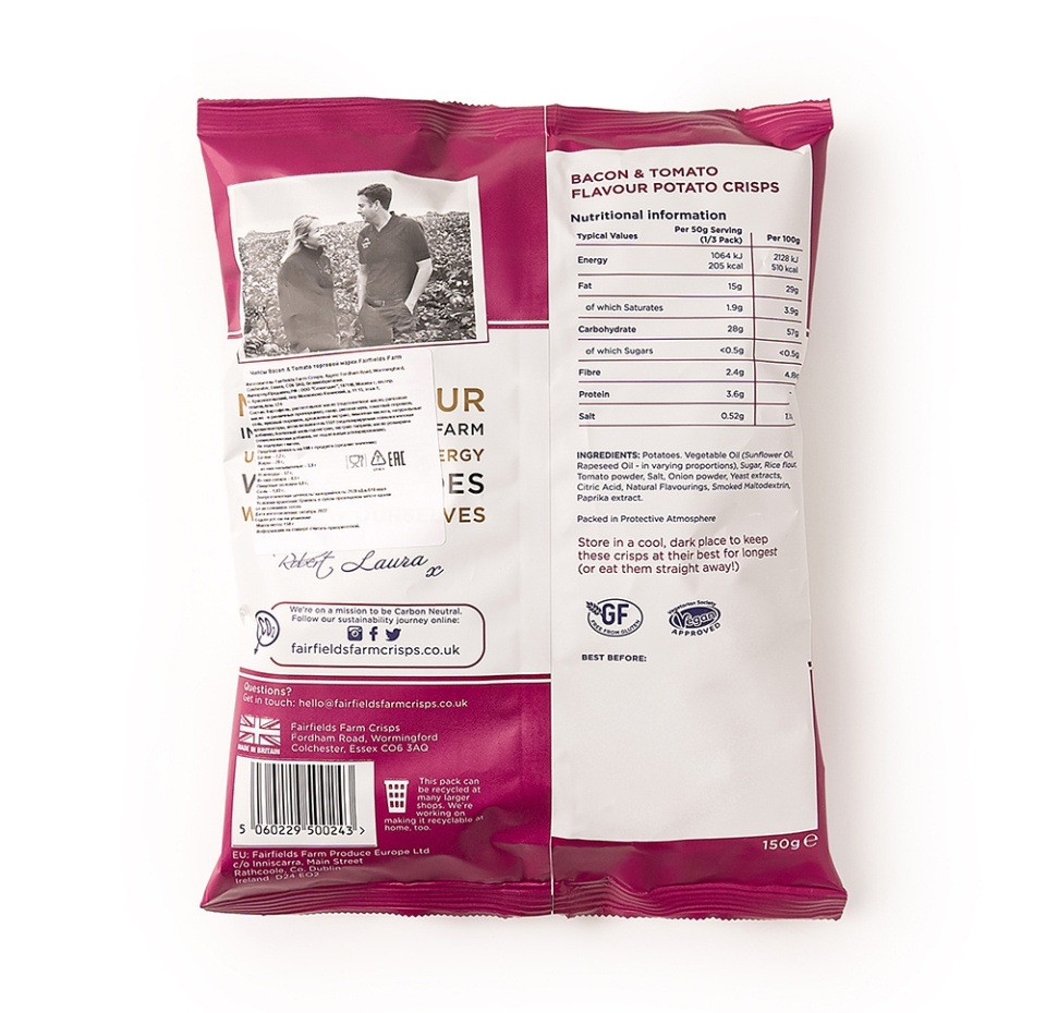 

Чипсы картофельные Fairfields farm с беконом и томатами (без глютена) 150 г