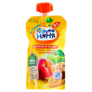 Фруктовое пюре ФрутоНяня яблоко-персик-злаки, с 6 месяцев, без сахара в Магнит со скидкой –31%