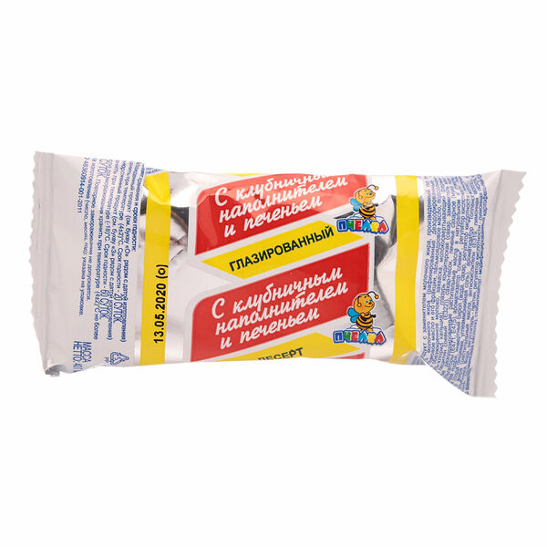 Десерт глазированный с заменителем молочного жира с клубничным наполнителем и печеньем ТМ Пчелка