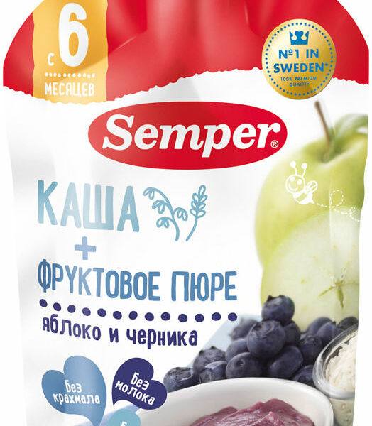 Пюре фруктово-зерновое Semper Яблочно-черничное с кашей с 6 месяцев