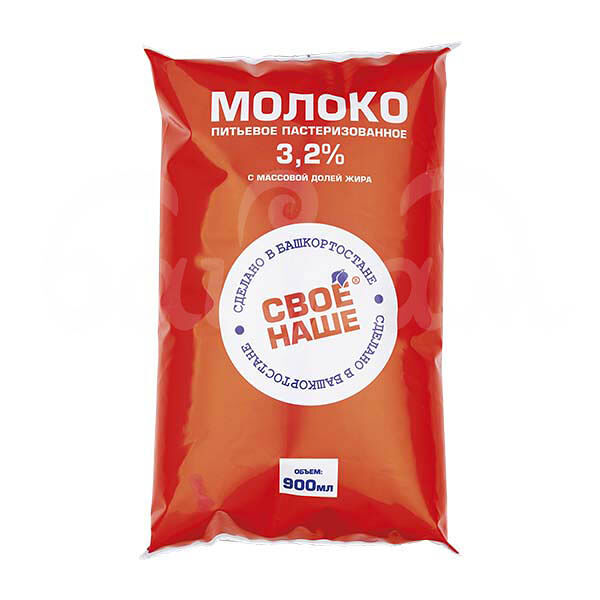 Молоко Свое Наше 3.2% 900мл Пастеризованное пакет