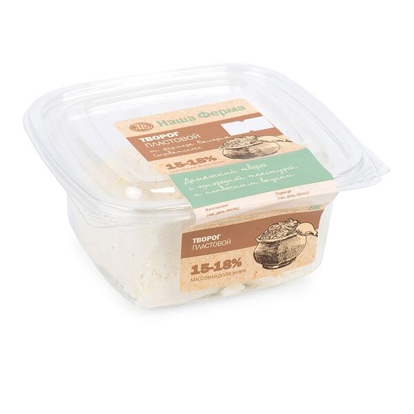 Творог Наша Ферма пластовой 15-18% Сыроватский Россия, БЗМЖ