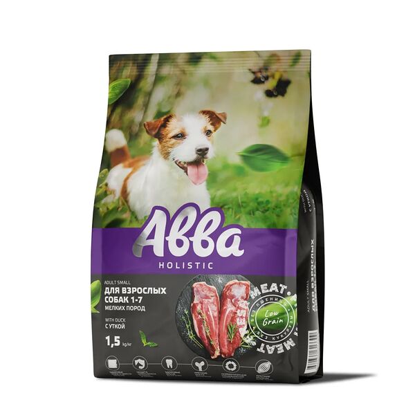 Сухой корм Aвва на основе свежего мяса для взрослых собак мелких пород, с уткой, 1,5 кг
