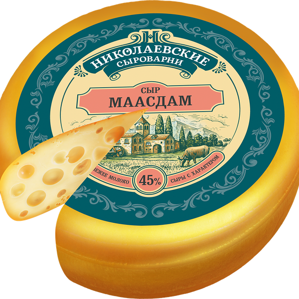 Сыр НИКОЛАЕВСКИЕ СЫРОВАРНИ Маасдам 45% без змж вес 
