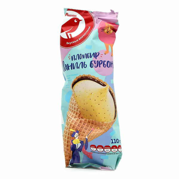 Мороженое АШАН Красная птица пломбир ванильный в сахарном рожке