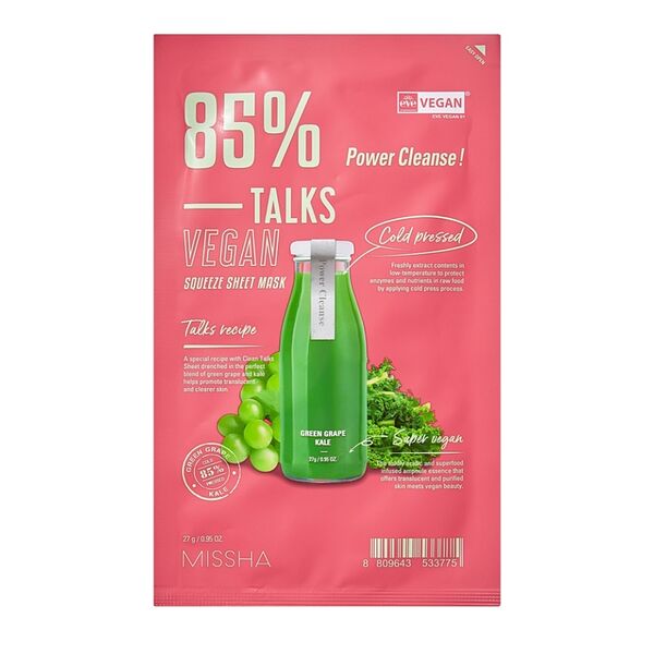 MISSHA Talks Vegan Squeeze Маска для упругости кожи с экстрактами зеленого винограда и кале, 27 г
