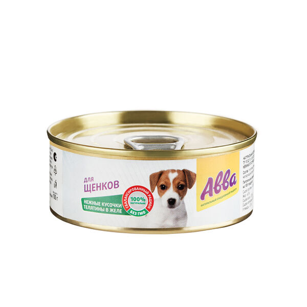 Влажный корм Aвва (консервы) для щенков, с нежными кусочками телятины в желе, 100 гр.