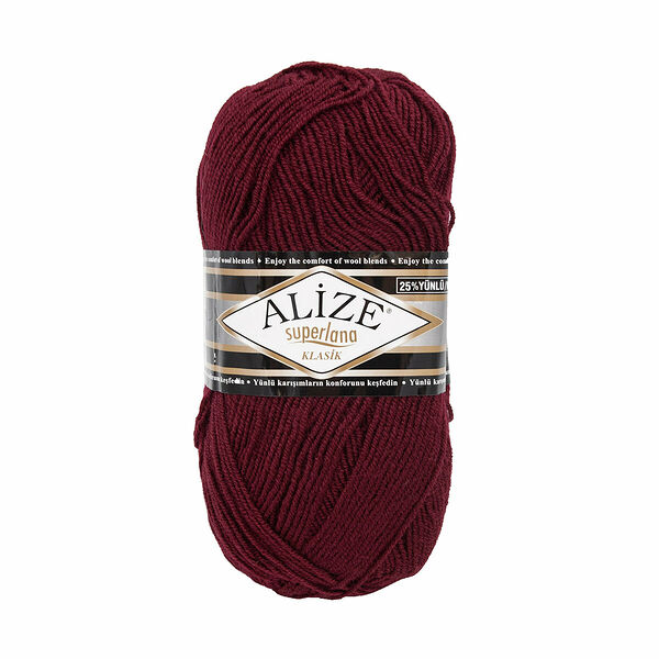 Пряжа ALIZE 'Superlana klasik' (однотонная) 100гр. 280м. (75% акрил, 25%шерсть) ТУ(57 бордовый)