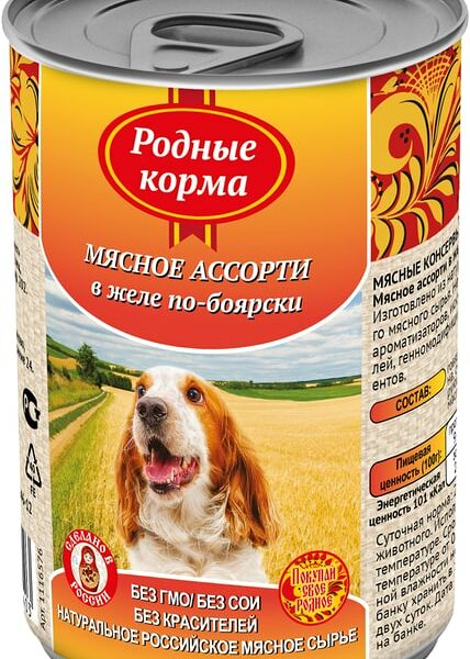 Влажный корм для собак Родные корма Мясное ассорти в желе по-боярски 410г