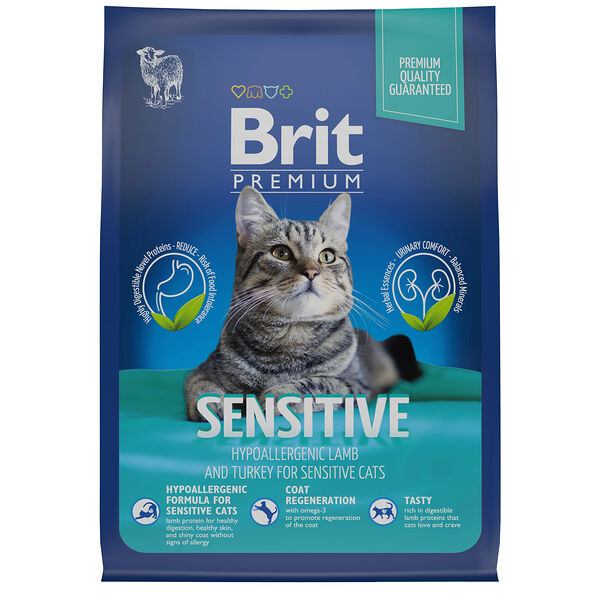 Сухой корм Brit Premium Cat Sensitive для взрослых кошек с чувствительным пищеварением со вкусом ягненка