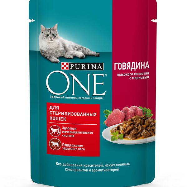 Корм Purina one с говядиной и морковью для стерилизованных кошек, 75г
