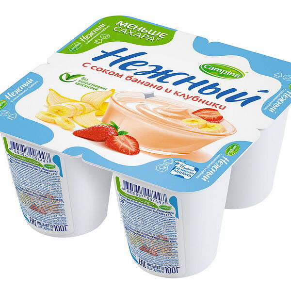 Продукт йогуртный НЕЖНЫЙ с соком банан-клубника жир. 1.2% вес 100г Campina