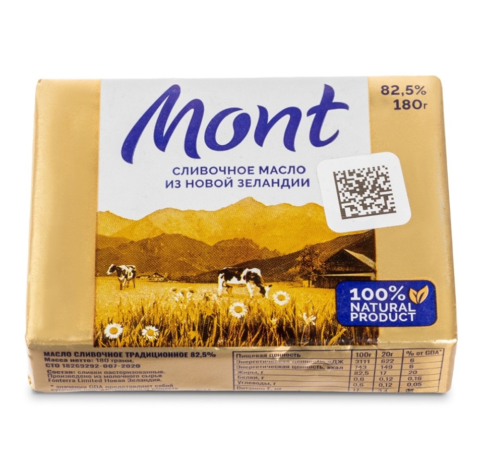 

Масло сливочное Mont "Традиционное" 82,5% 180г, Россия