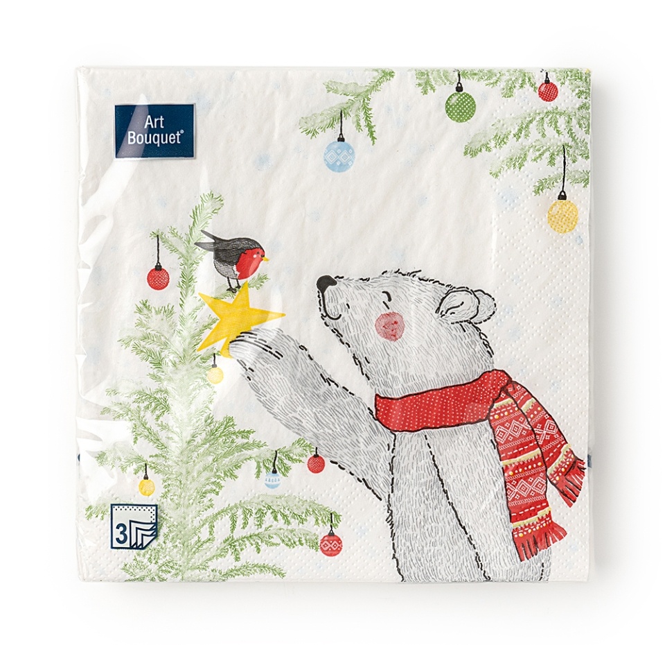 

Салфетки одноразовые ART BOUQUET «Мишка и новогодняя ель» 33*33 см 3 сл 20 шт