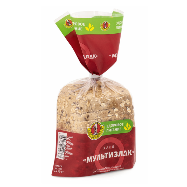 Хлеб Первый хлебокомбинат Мультизлак ржано-пшеничный зерновой в нарезке, с кунжутом, отрубями, семенами льна и семенами подсолнечника, половинка