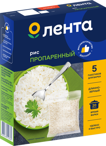 

Рис длиннозерный ЛЕНТА пропаренный 1-й сорт, в пакетиках, 5х100г