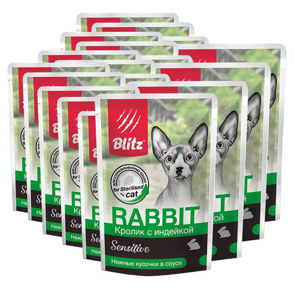 Корм для кошек BLITZ Sensitive для стерилизованных, кролик с индейкой кусочки в соусе пауч 85г (упаковка - 24 шт)