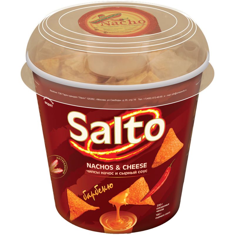 

Чипсы Salto Nachos&Cheese Барбекю с сырным соусом и влажная салфетка 320 г
