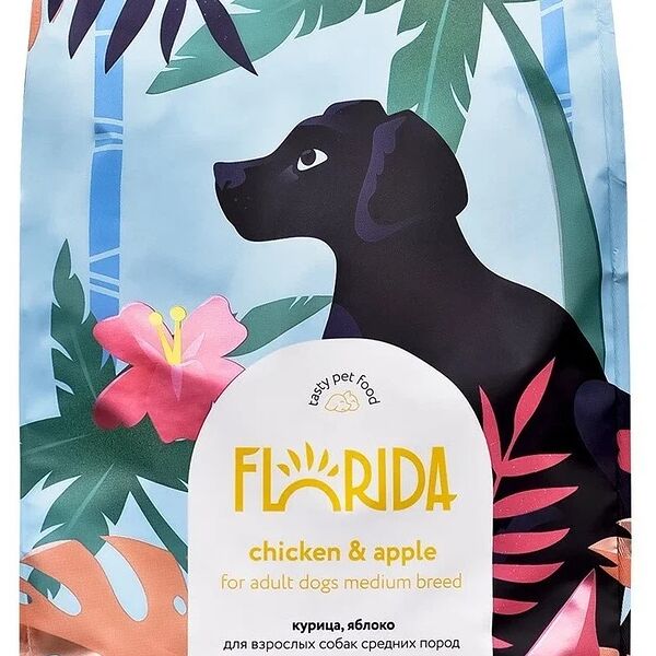 Корм Florida для взрослых собак средних пород с курицей и яблоком 12 и 2кг
