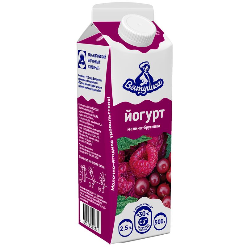 

Йогурт Вятушка питьевой малина-брусника, 2.5%, тетрапак, 500 г