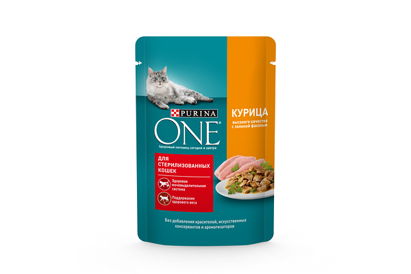 Корм влажный Purina one для стерилизованных кошек с курицей и зеленой фасолью