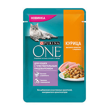 Влажный корм Purina ONE для кошек с чувствительным пищеварением, с курицей и морковью 75г