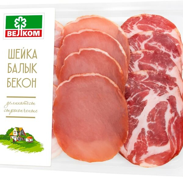 Деликатесы ассорти Велком сырокопченые Шейка Балык Бекон нарезка 90г